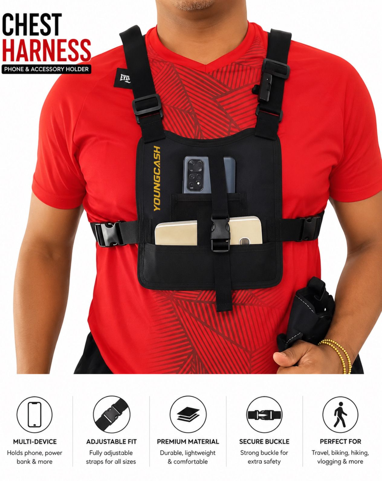 youngcash Tactical Chest Harness Phone Holder Adjustable Chest Rig Lightweight Utility Vest for Running,Travel & Outdoor Activities-image-35