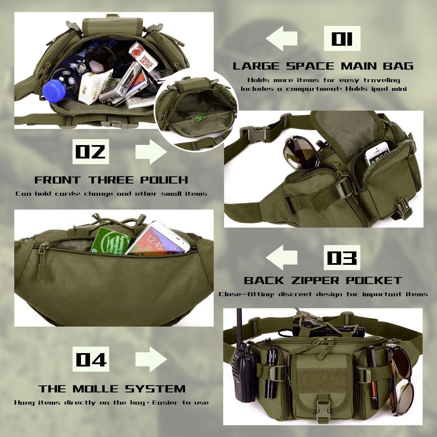 Chestbaag Waist Bag Pack Hip Belt Bumbag for Outdoor (olive green)-AZ2 Waist Bag Pack Hip Belt Bumbag for Outdoor -DS2-image-15