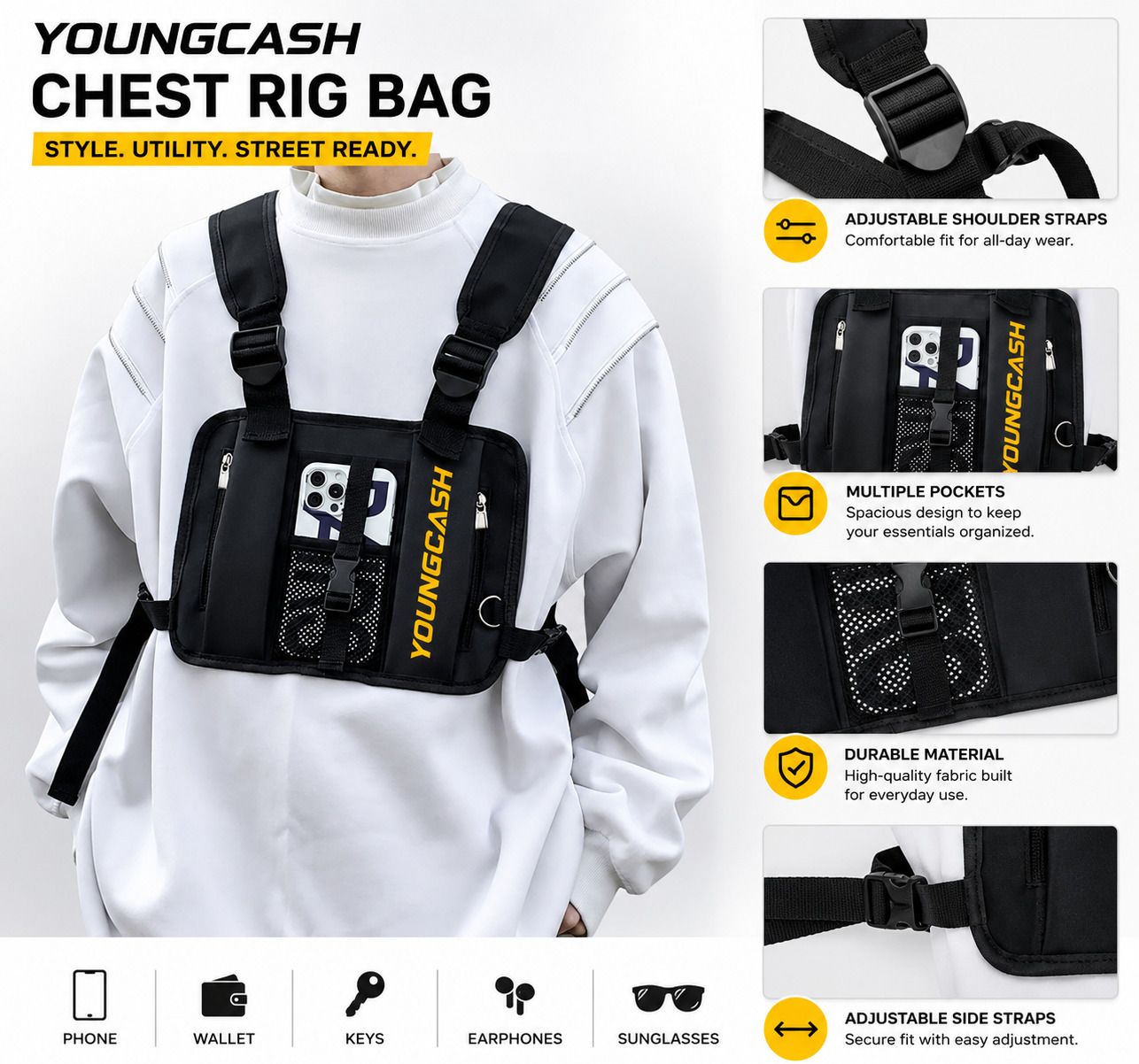SDnet Tactical Chest Rig Bag Lightweight Multi-Pocket Chest Harness with Phone Holder, Zipper Compartments & EDC Utility Vest for Travel, Hiking, Cycling & Streetwear-image-20