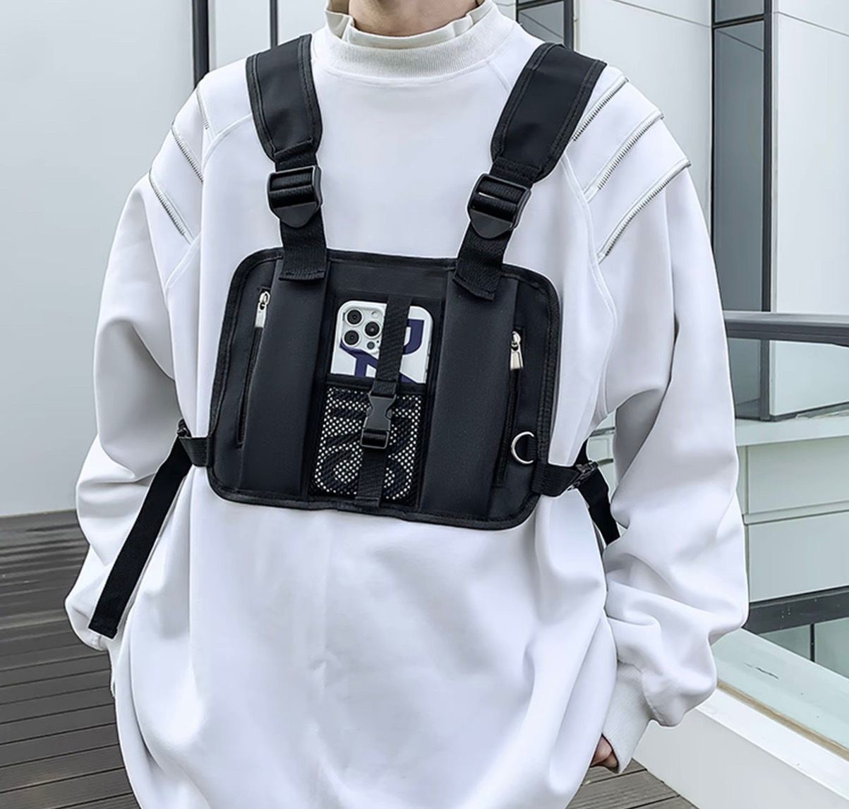 HUE EDC Utility Vest for Travel, Hiking, Cycling & Streetwear Lightweight Multi-Pocket Chest Harness with Phone Holder-image-1