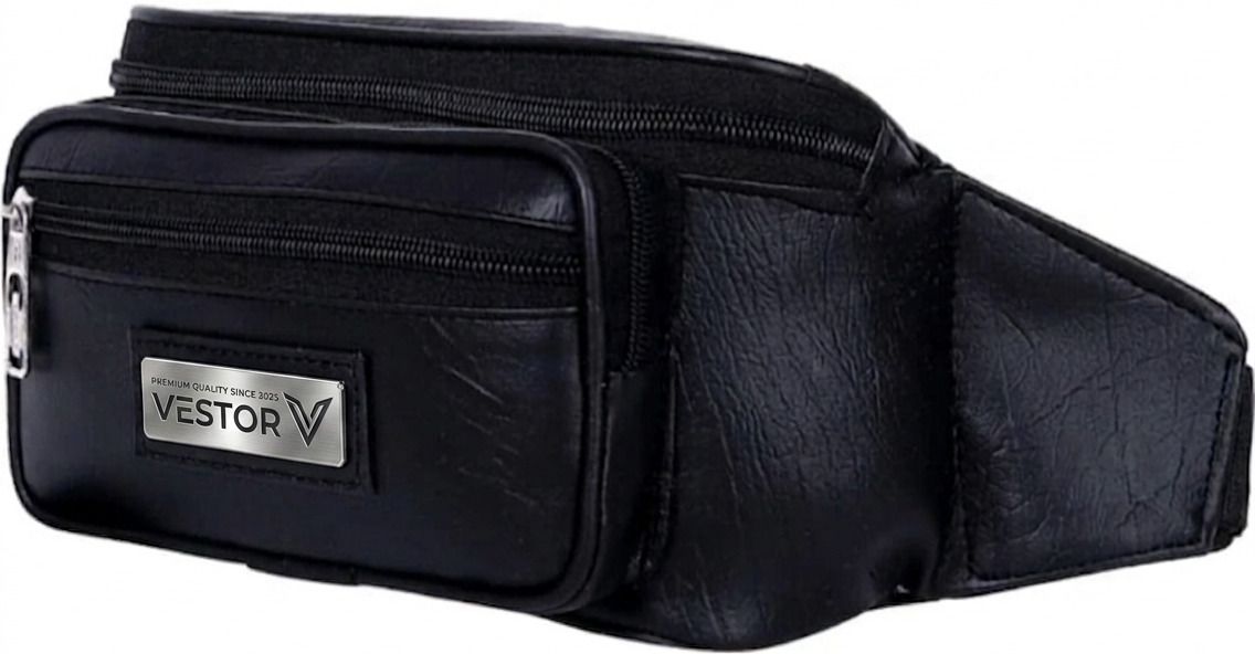 Vestor Vintage Black Artificial Leather Waist Bag for Men Multi-Zip Travel Fanny Pack Waist Bag-image-15