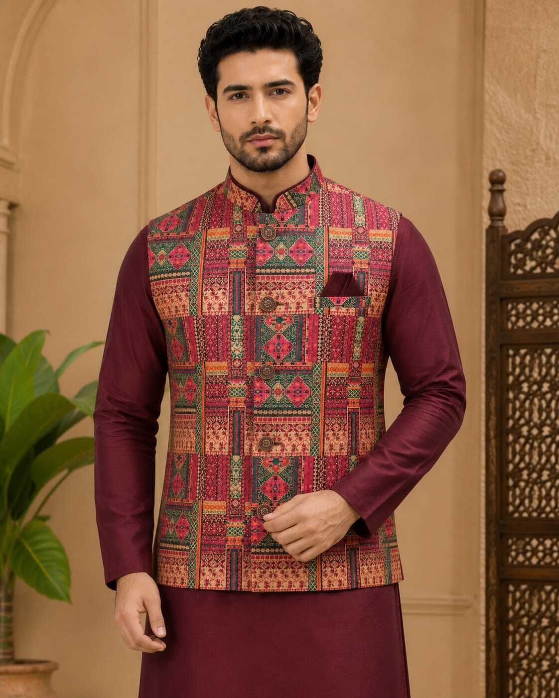 wanas Geometric Print Men Waistcoat-picture-11