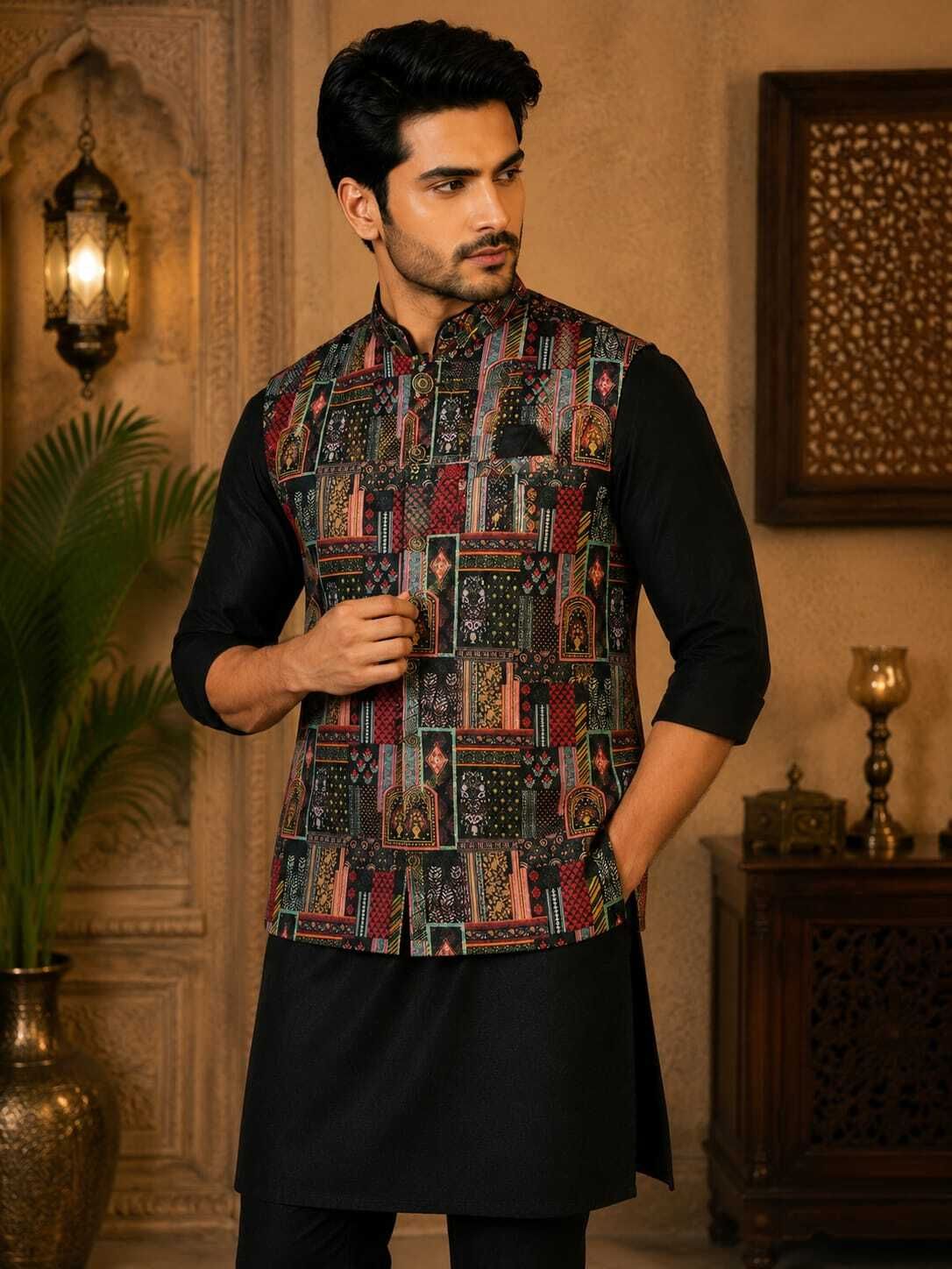 wanas Geometric Print Men Waistcoat-picture-24
