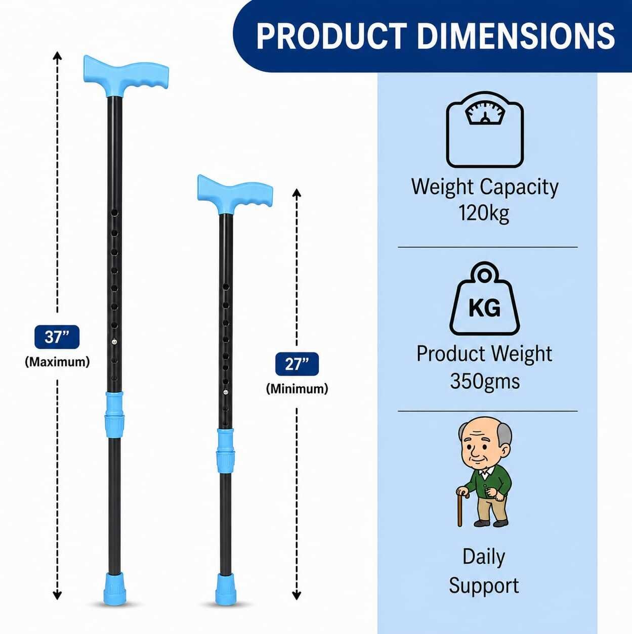jd medauto solutions Adjustable Height Walking Stick| Senior Citizens & Patients|blue Walking Stick-picture-22