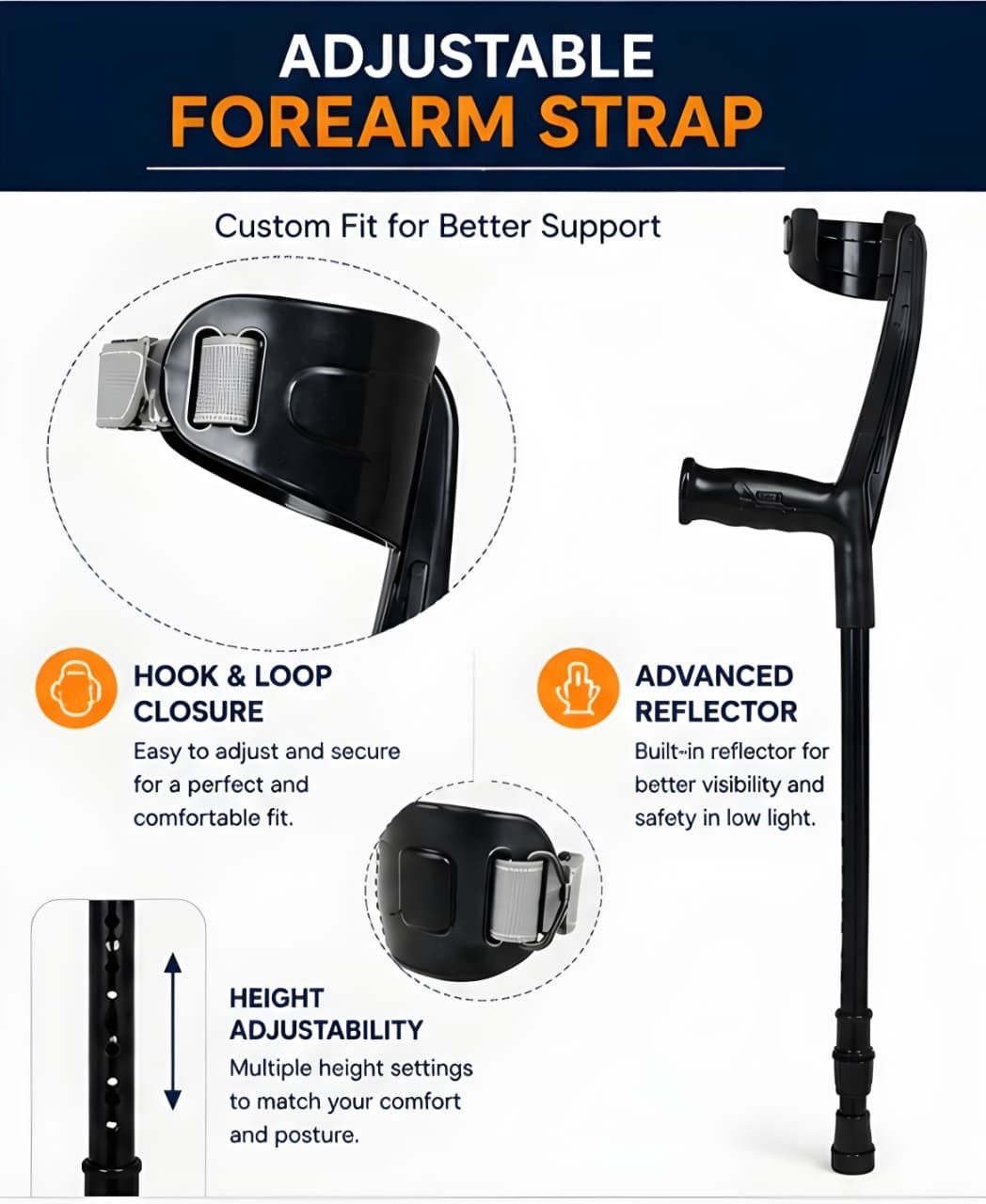 jd medauto solutions Adjustable MildSteel Elbow Crutch for Elderly, Disabled & Injury Recovery,BLACK Walking Stick-picture-38