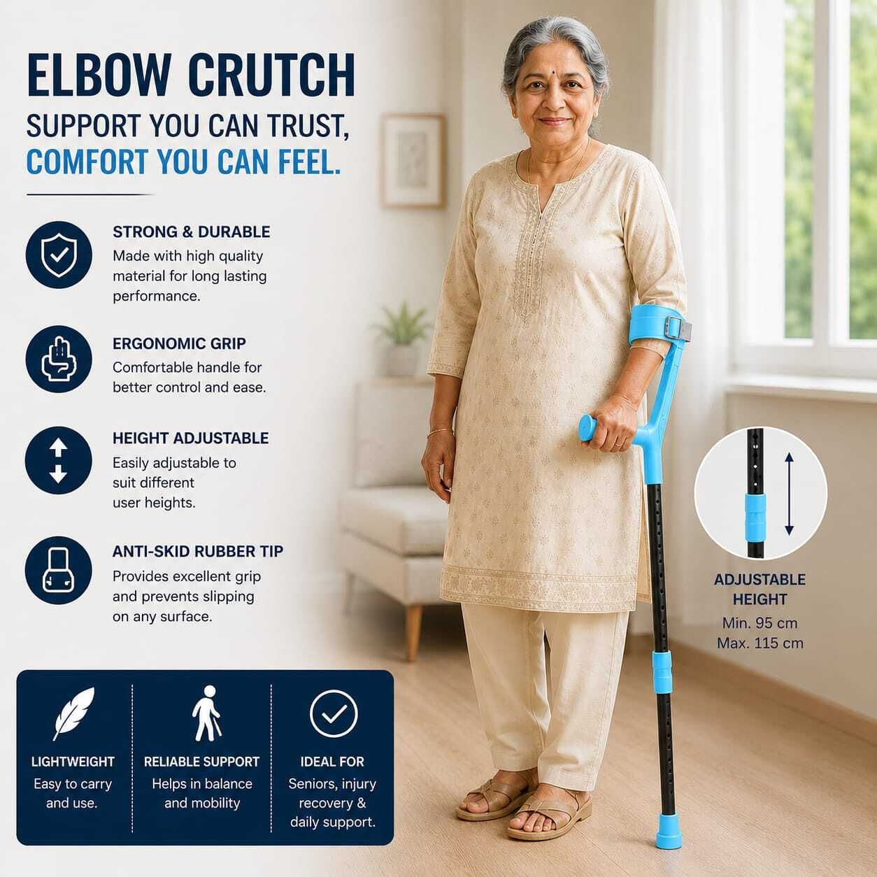 jd medauto solutions Adjustable Mild Steel Elbow Crutch for Elderly, Disabled & Injury Recovery, blue Walking Stick-picture-33