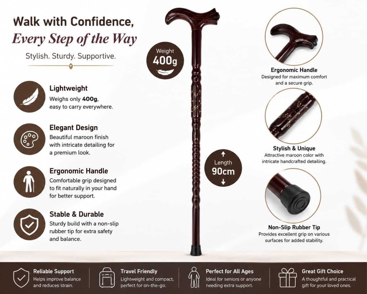 cloudlinkventures Premium Wooden Walking Stick for Men & Women | Ergonomic Handle Walking Stick-picture-23