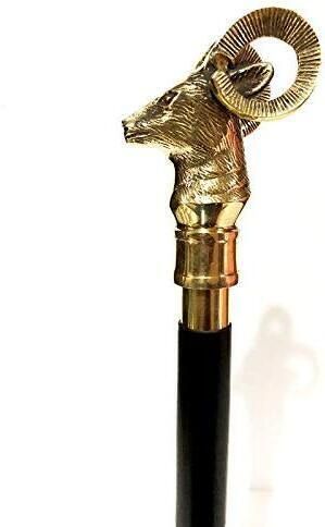 Antique 3 fold Designer Brass Goat Handle Style Wooden Folding Walking Stick-image-38