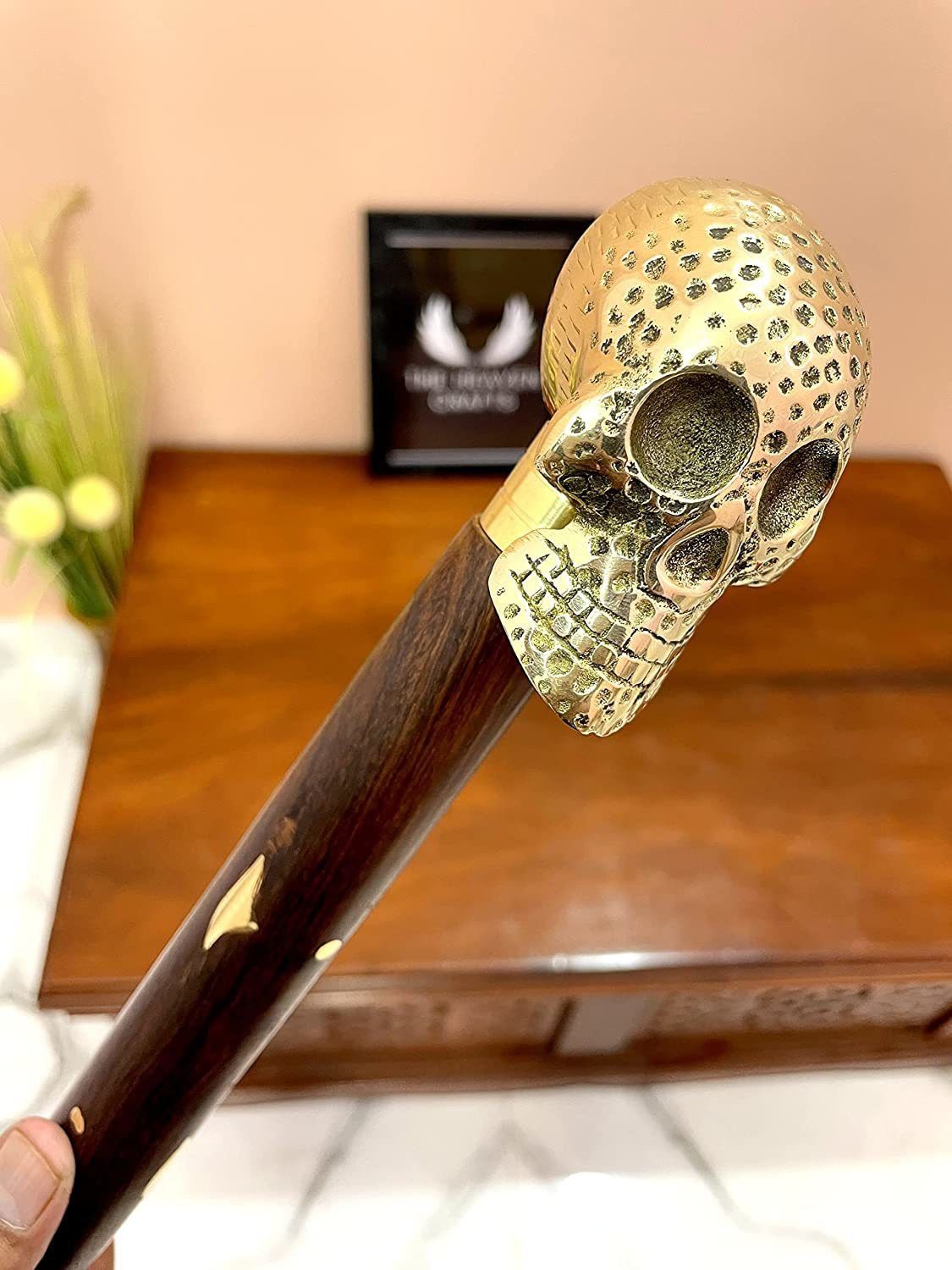 solid brass damage skull handle wooden walking stick cane 3 fold walking stick walking stick