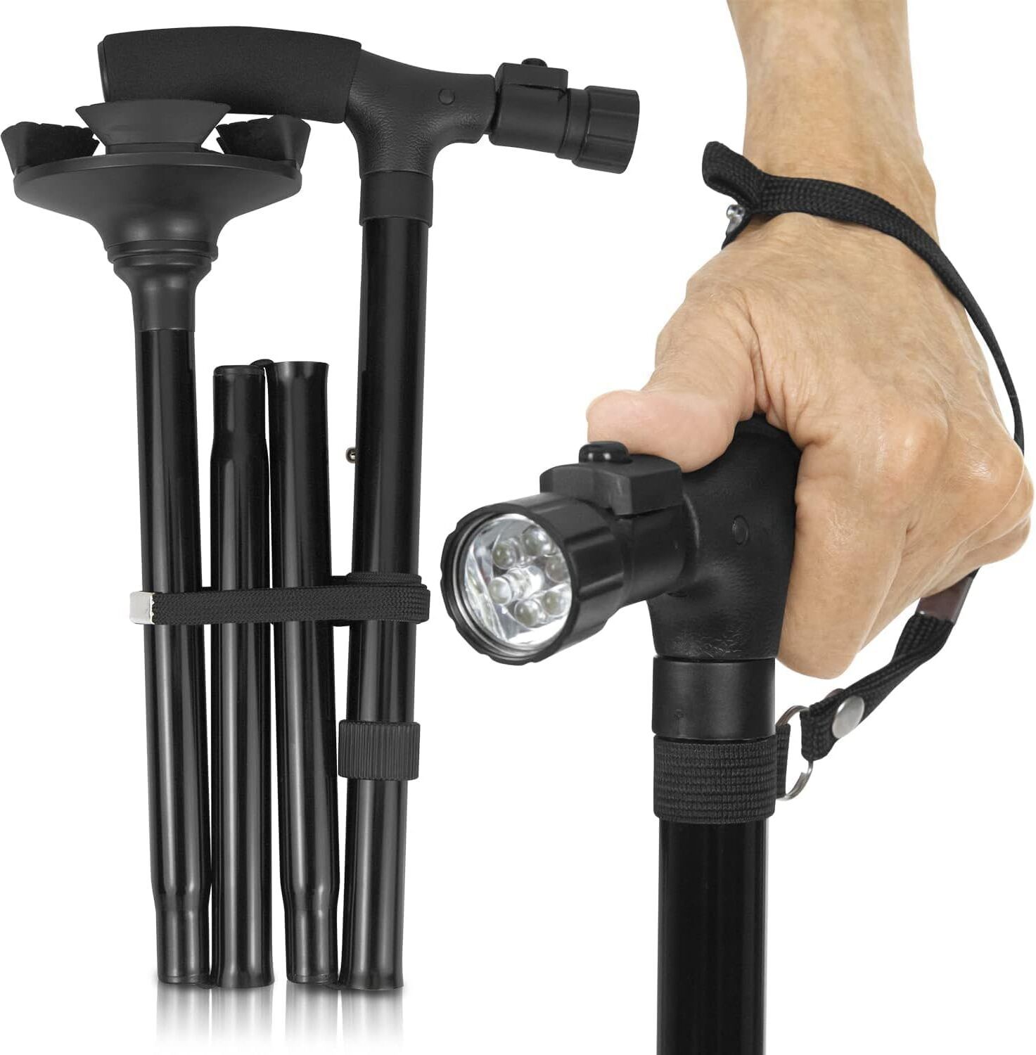 Portable Foldable Walking Stick with Torch Light Black Walking Stick-image-14