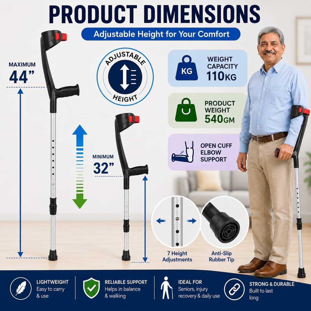 jd medauto solutions Aluminium Elbow Crutch for Elderly, Disabled & Injury Recovery,Adjustable, black Walking Stick-picture-30