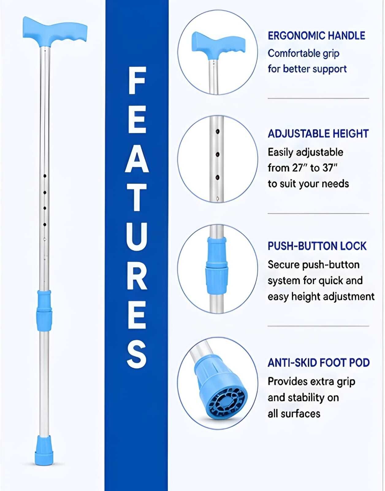 jd medauto solutions Adjustable Mild steel Nickel Coating Walking Stick-Senior Citizens,Patients|Blue Walking Stick-picture-15