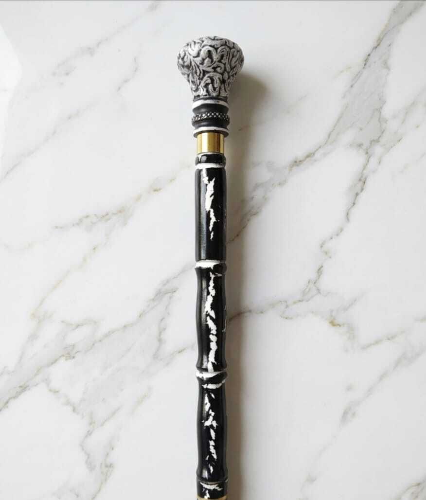 Royal Silver Designer Walking Stick with Black Marble Finish For Gentlemen Walking Stick-image-16