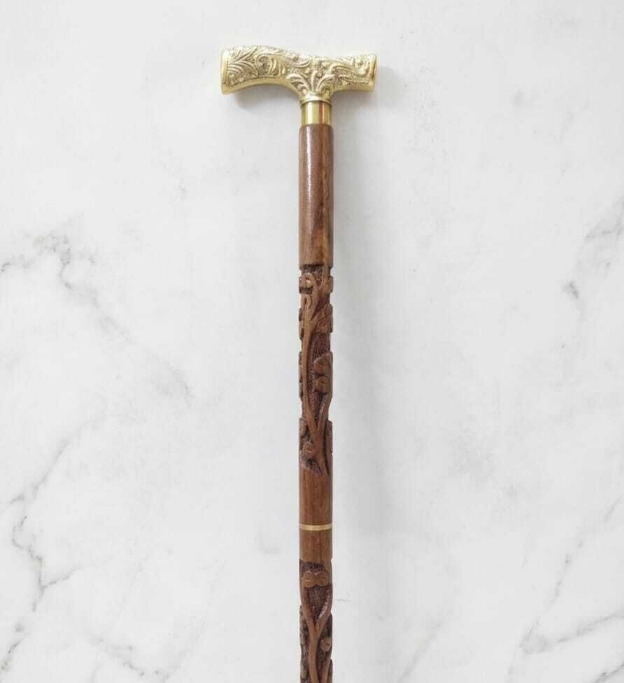 Premium Hand-Carved Wooden Walking Stick with Antique Brass T-Handle | Walking Stick-image-45