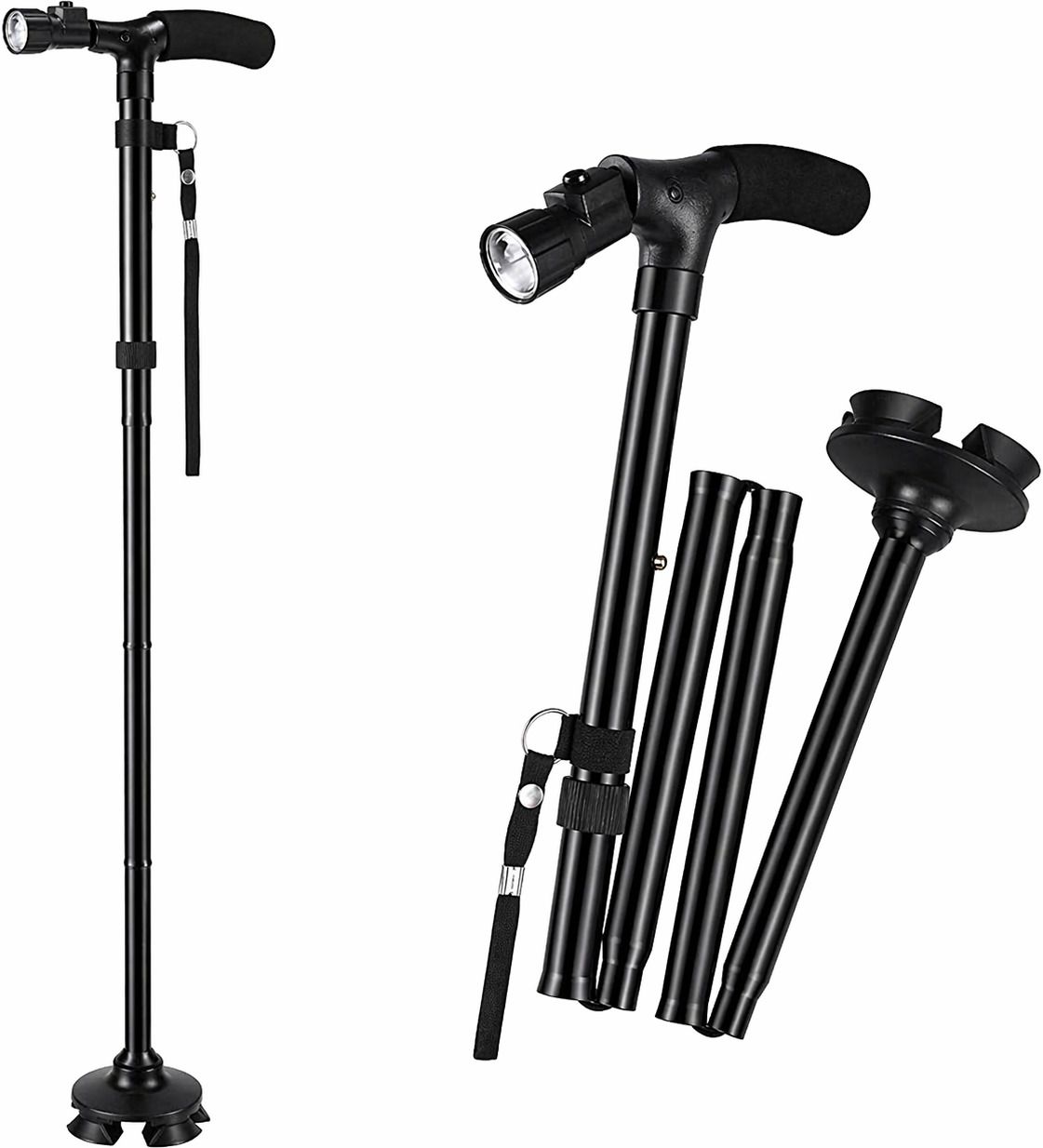 Rotating Base Folding Walking Stick with LED Light Adjustable Height Cane Black Walking Stick-image-10