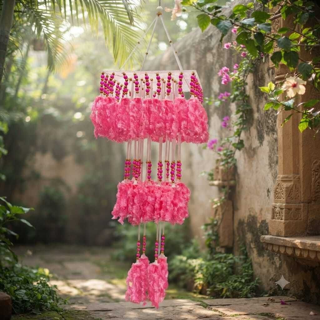 pisco Handcrafted Pink Woolen Jhumkar Chandelier Hanging for Home Decoration 1 Pic Feather, Plastic, Wool Windchime-picture-0