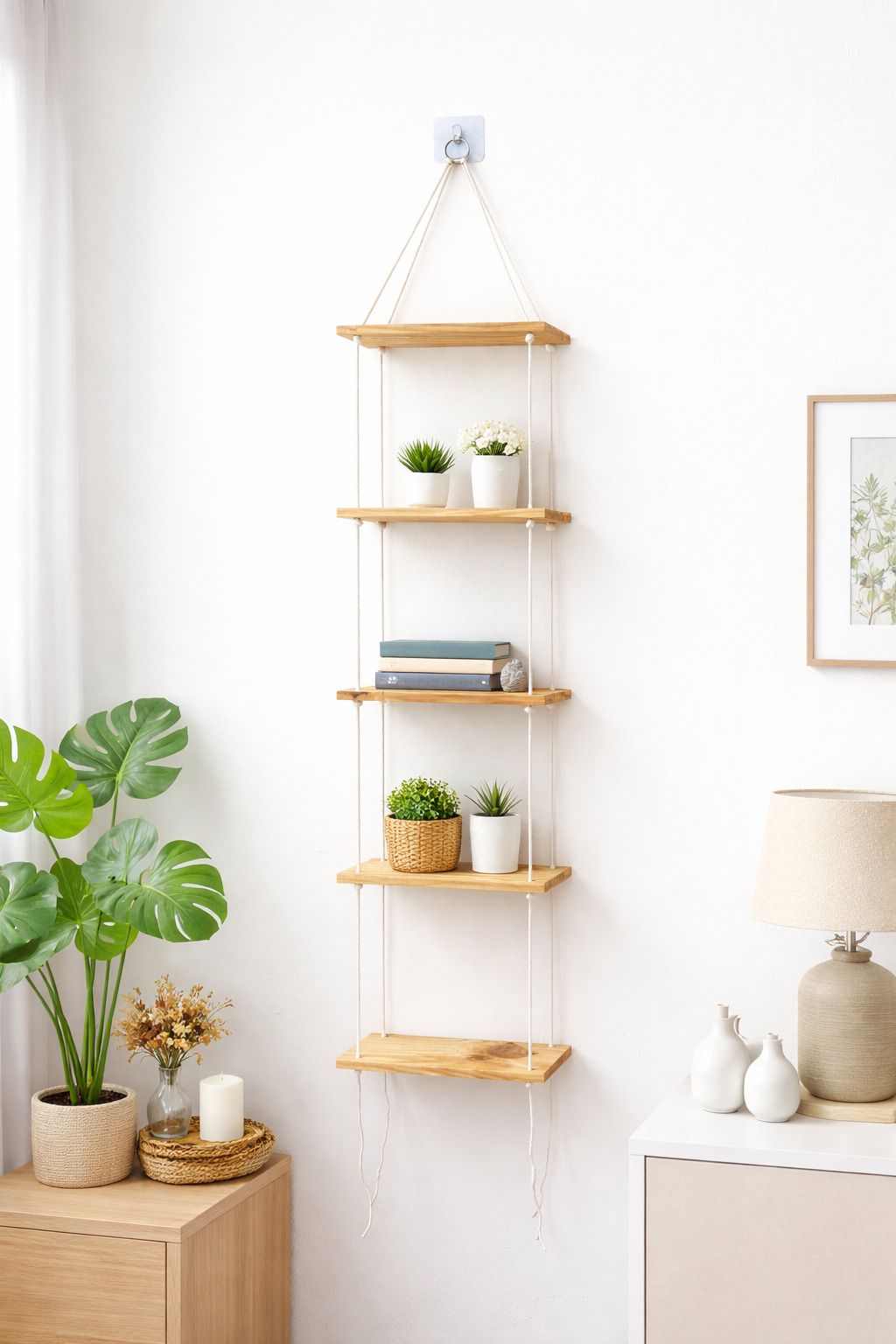 Macrame Wall-Hanging Shelf Handcrafted 5-Tier Pine Wooden Decor-image-9
