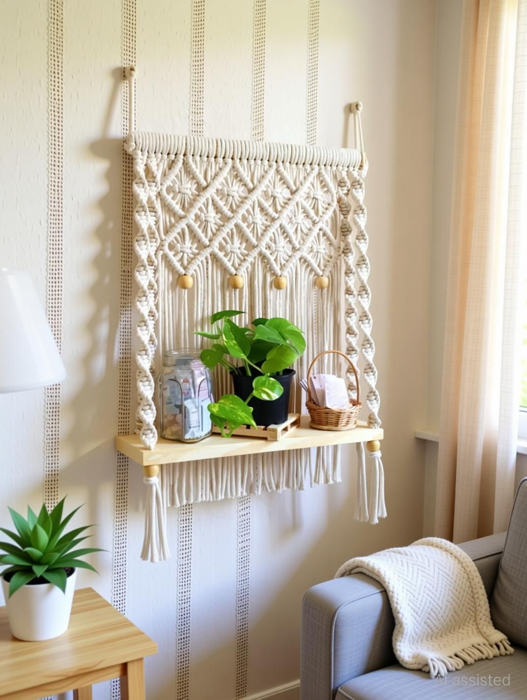 Macramé Wooden Wall Hanging Shelf Modern Chic Woven Macrame Tapestries-image-7