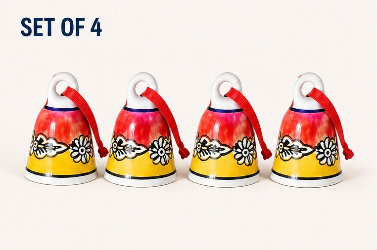 asbox Handmade Hanging Ceramic Bells for Home Decor, Pooja Temple, Small,Floral Design Ceramic Windchime-picture-48