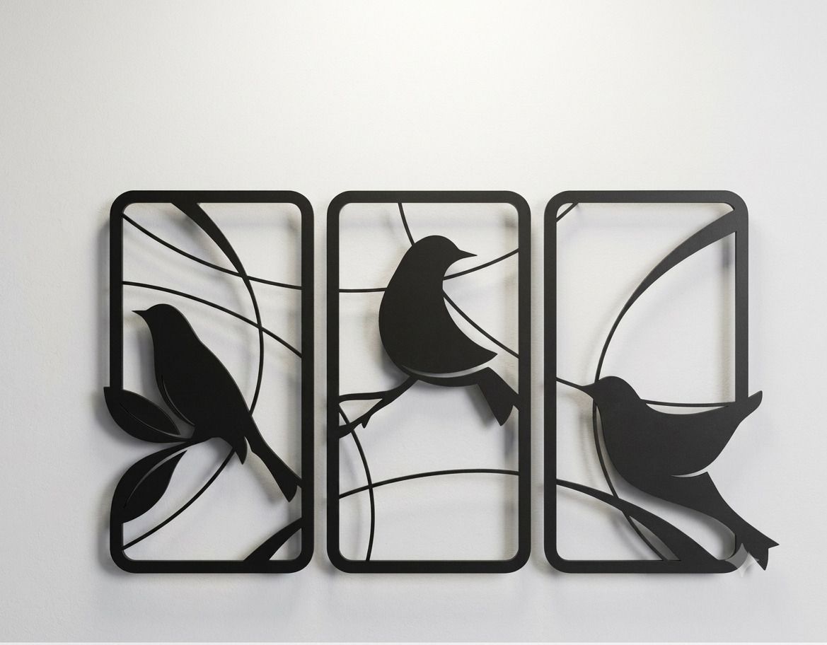 Modern Birds on Branch 3 Panel (Black) Home Decor Pack of 3-image-24