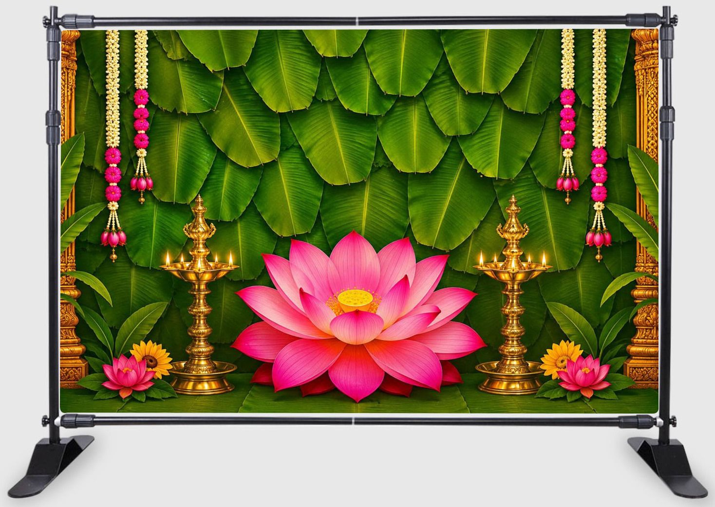 Lotus & Banana Leaf Design Printed Fabric Backdrop (5Feet Height & 8Feet width)-image-4