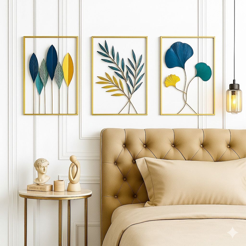 Gold Framed Abstract Leaf Artwork for Home Decor | Living Room, Bedroom Pack of 3-image-1