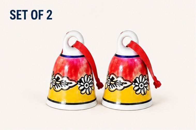 Red Yellow Floral Handcrafted Ceramic Hanging Bell,Soothing Chime for Home Décor Ceramic Windchime-image-7