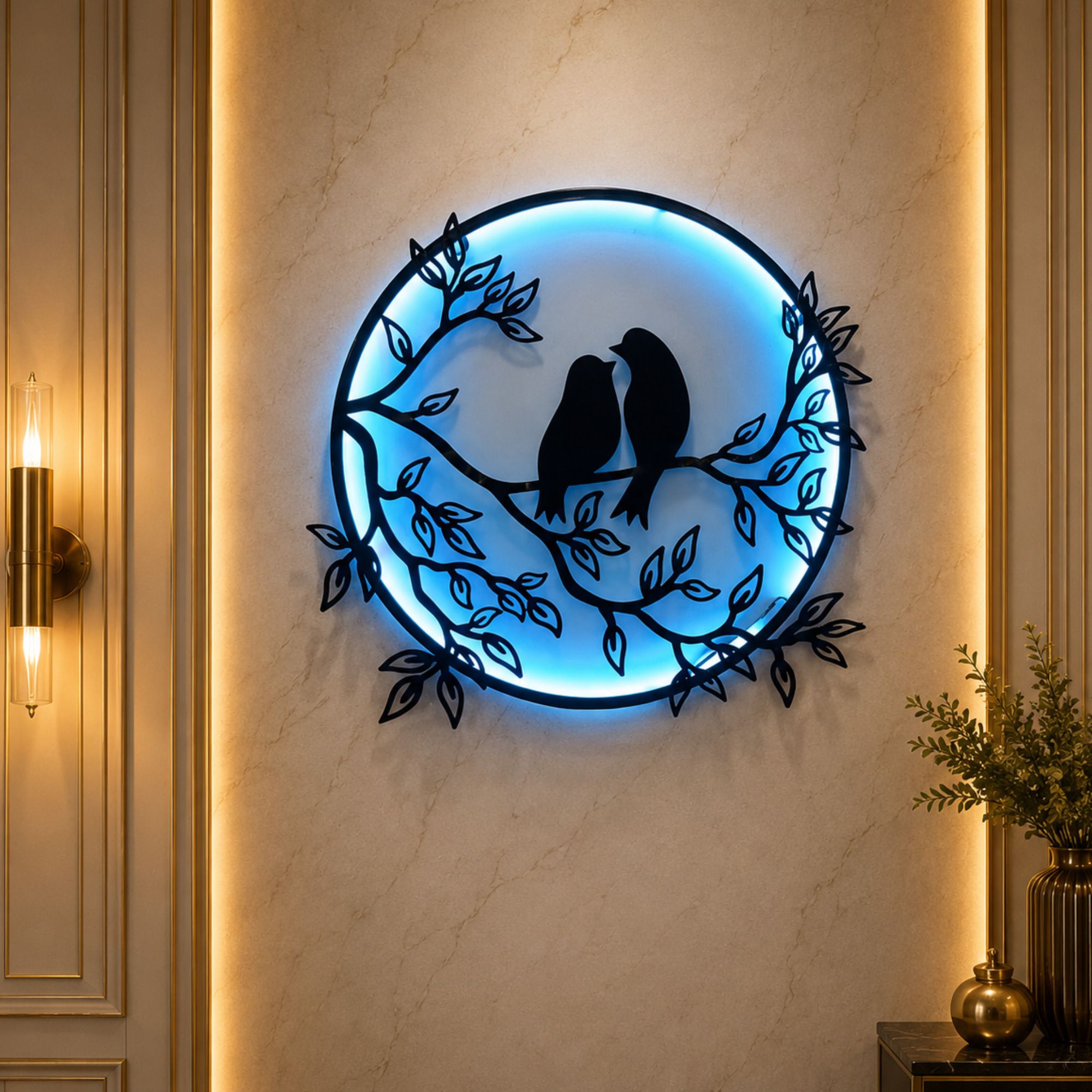 Love Birds LED Metal Wall Art with Ice Blue LED Light 25x24 Inch (Black)-image-46