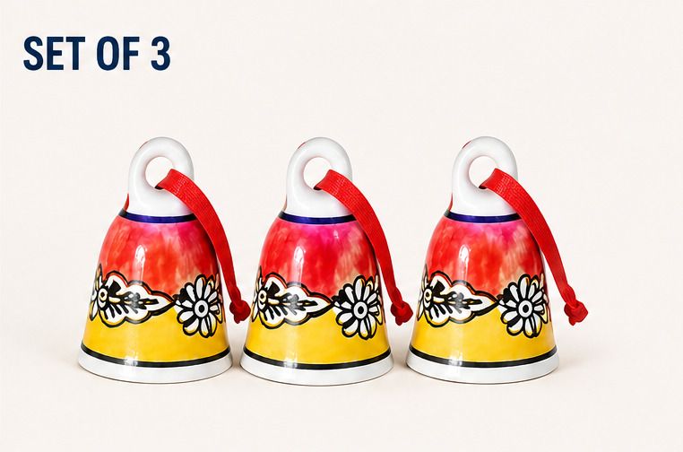 asbox Handmade Hanging Ceramic Bells for Home Decor, Pooja Temple, Small,Floral Design Ceramic Windchime-picture-14
