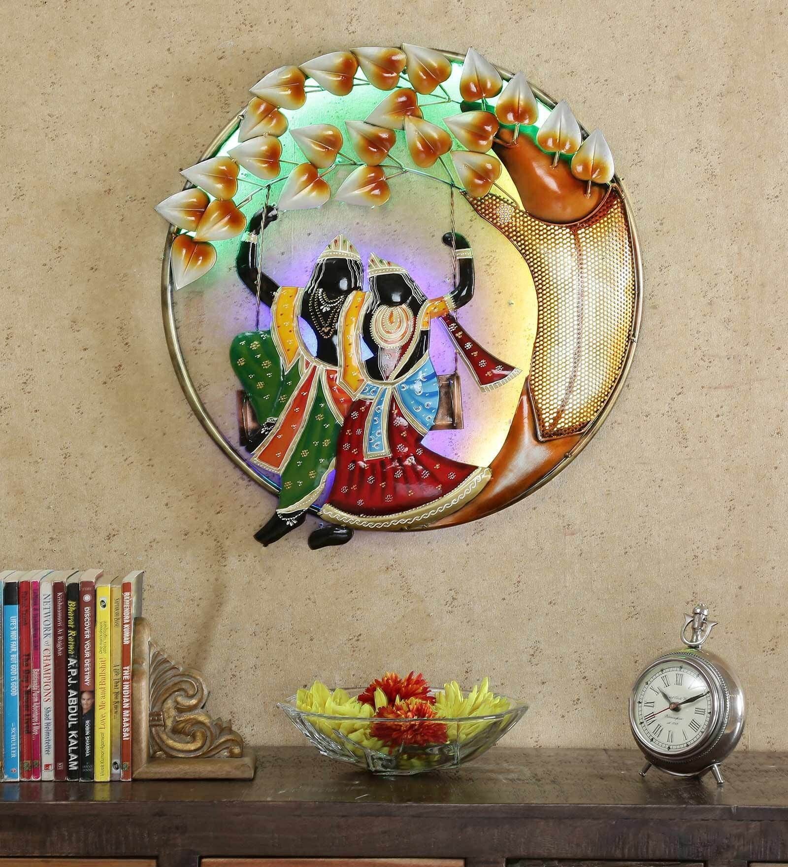 Metal Wall Hanging Radha Krishna Round Home Décor, Multi, 24X1X22 In Inbuilt LED-image-18