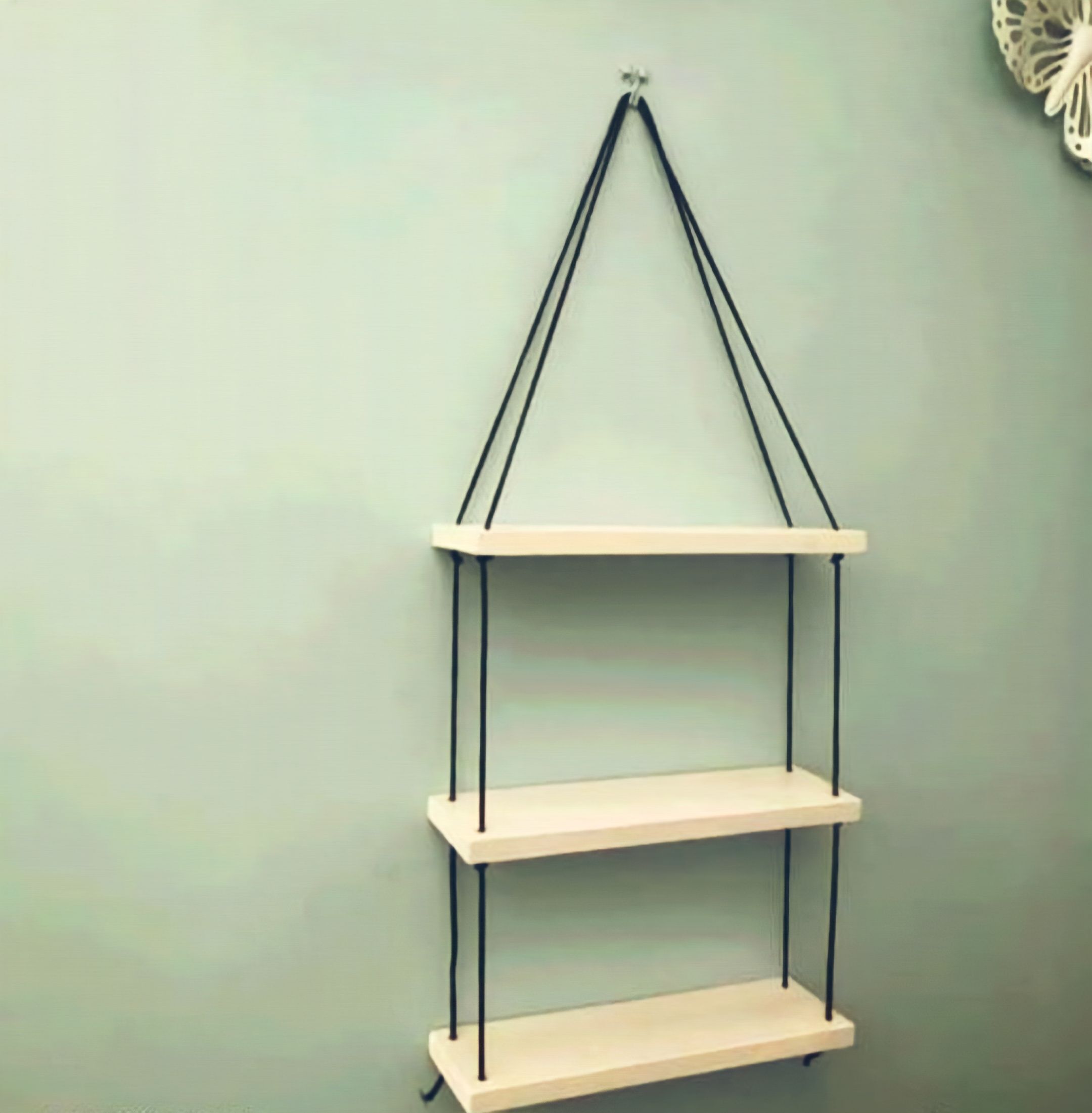 Macrame Wall Hanging 3 Tier Floating Shelves Natural Pine With Wooden-image-2