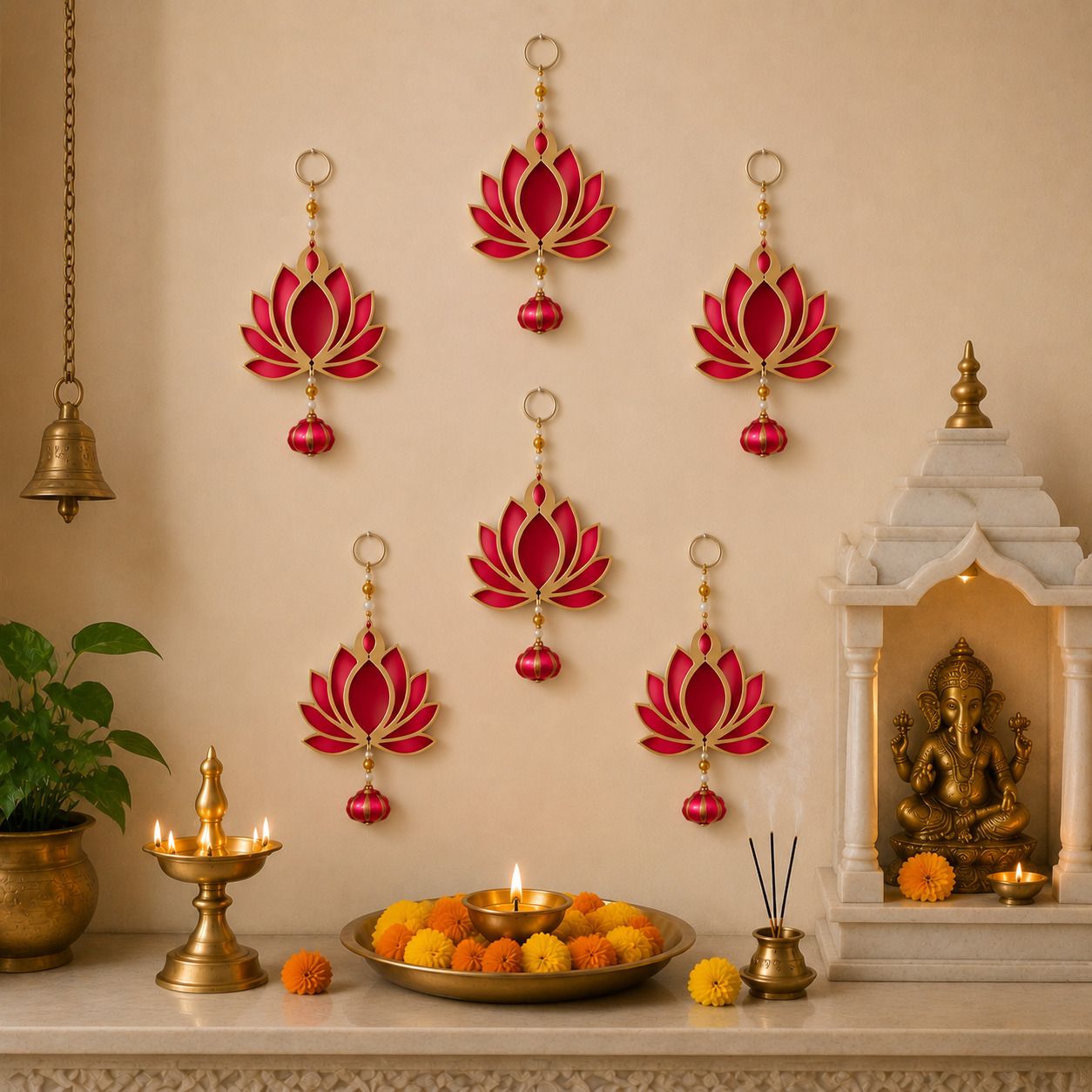 decoterm Pink Golden Lotus Hanging Set 6 Pcs for Festive & Traditional Decoration Pack of 6-picture-27