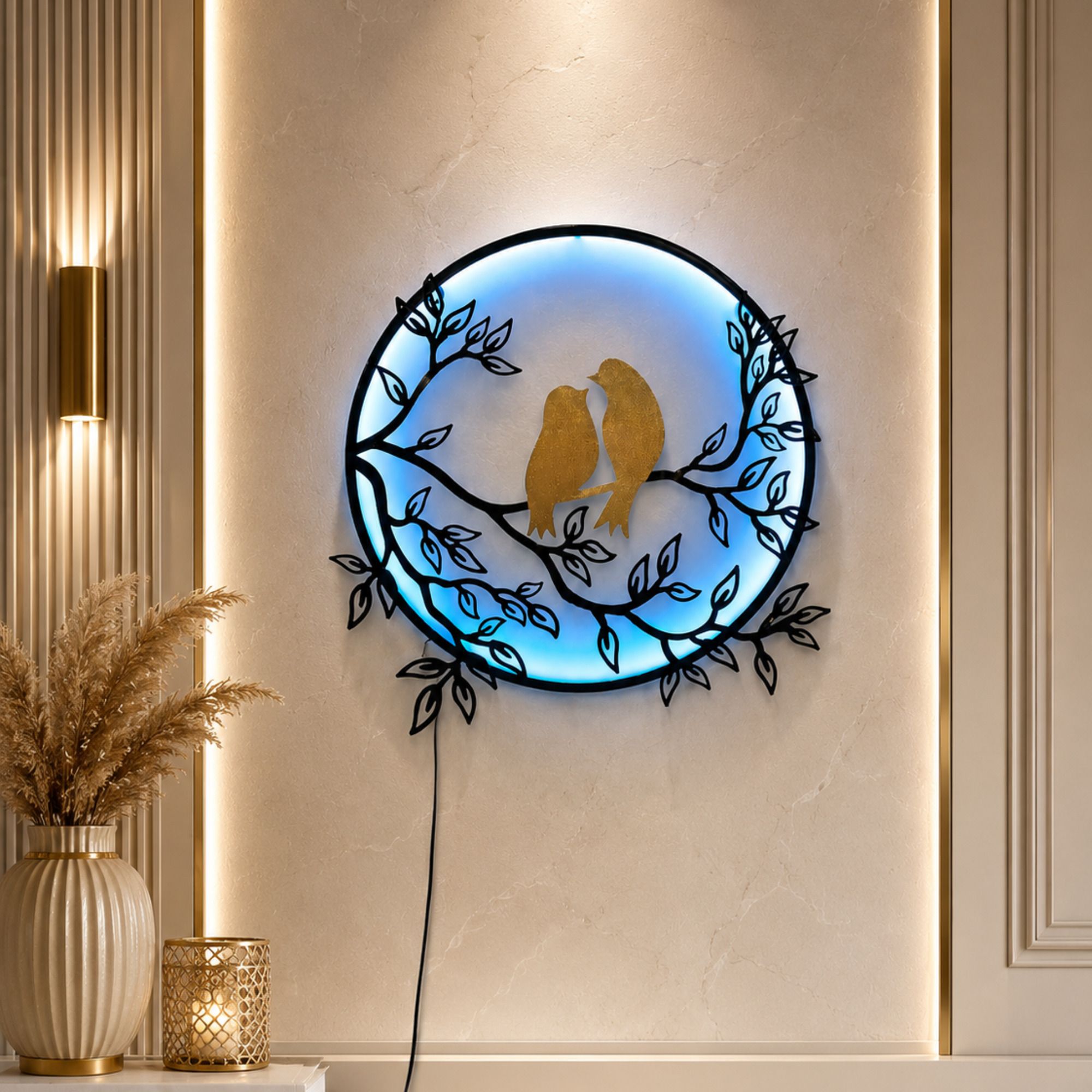 Love Birds LED Metal Wall Art with Ice Blue LED Light 25x24 Inch (Black Golden)-image-16