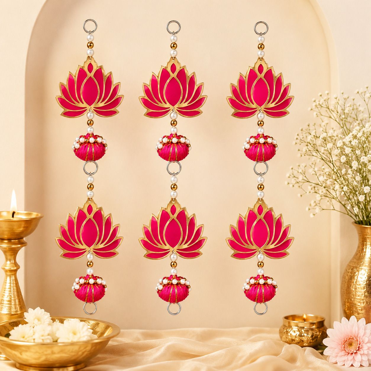 6 Pcs Pink Lotus Hanging Wall Decor with Golden Bead Detailing Pack of 6-image-48