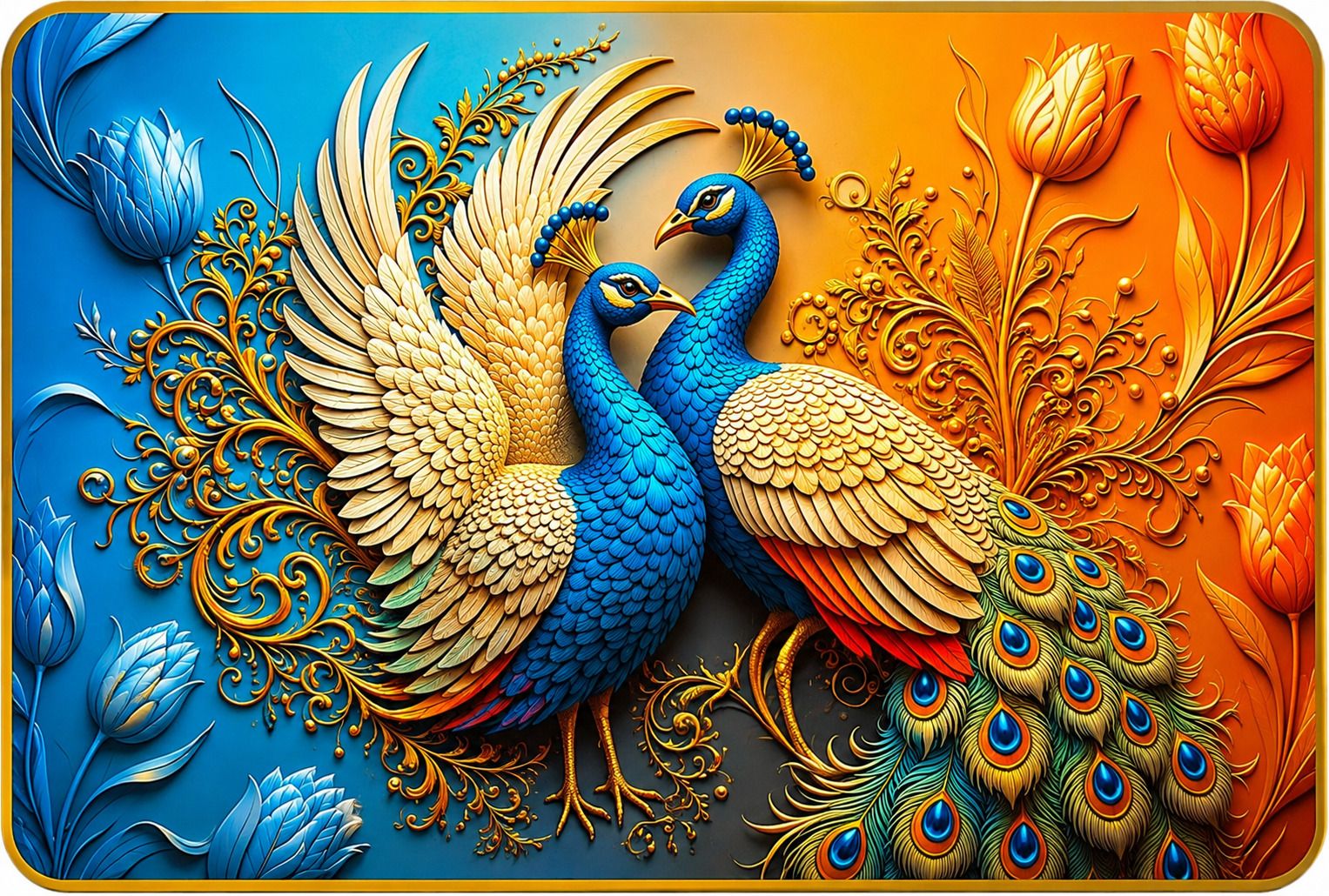 Royal Peacock Couple Wall Painting Golden Frem 6X9 Inch-image-8