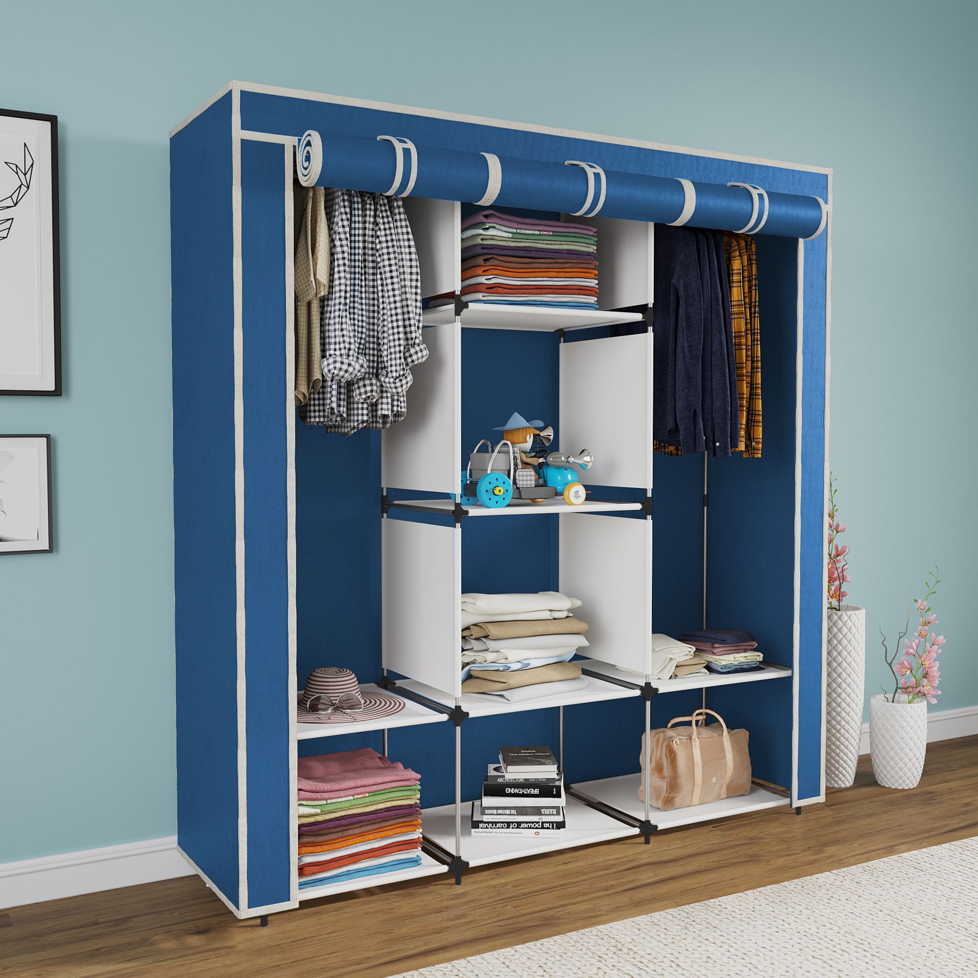 88130 Blue Cloth Rack Storage Organizer Shelves Almirah PP Collapsible Wardrobe