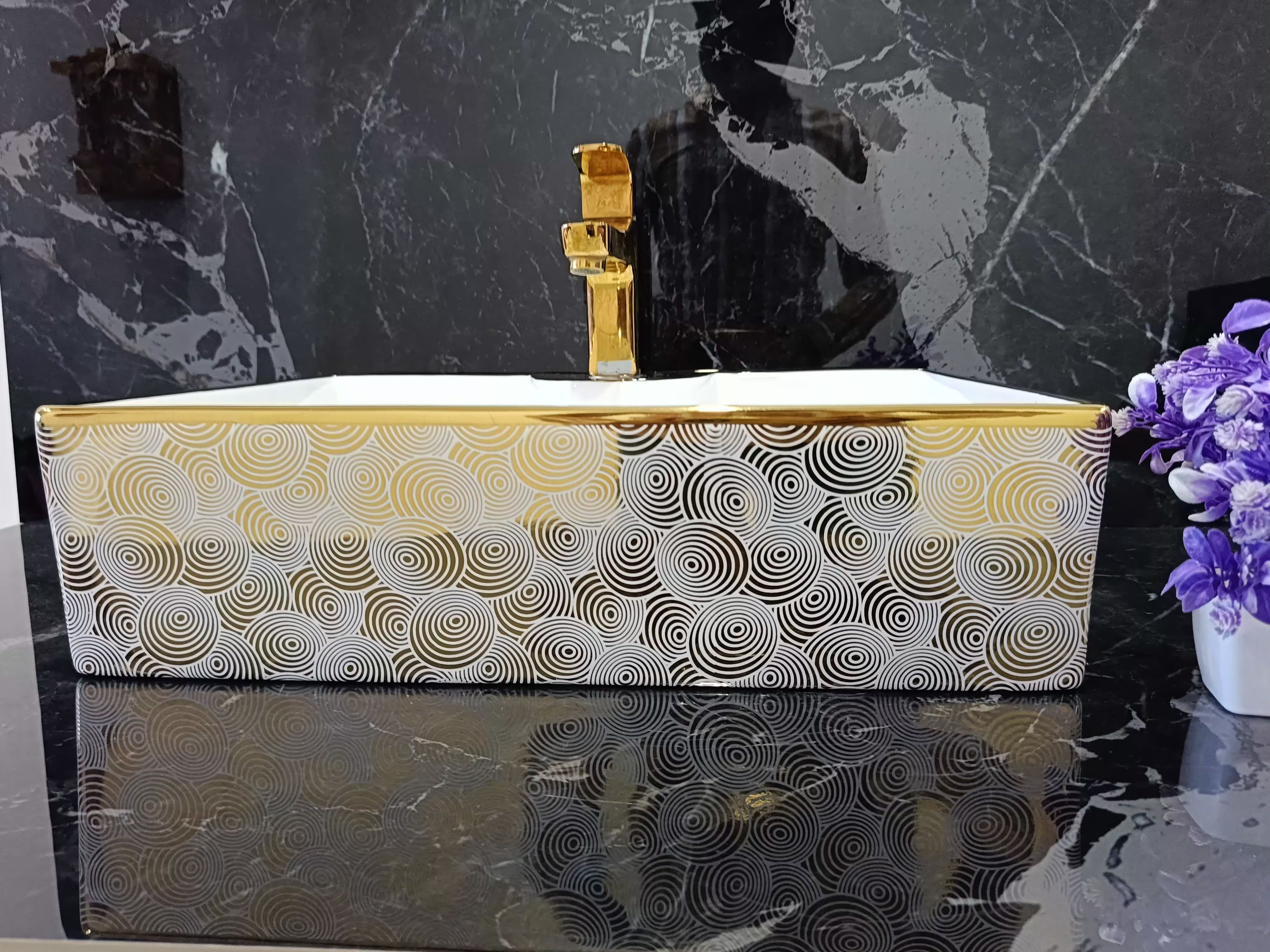 Premium Designer Table Top Counter Top Golden Wash Basin Gold Ceramic Wash Basin L-1008(L48.5 X W37 X H13Cm) Very Stylish Bathroom Golden Ceramic Wash Basin Table Top Basin-image-41