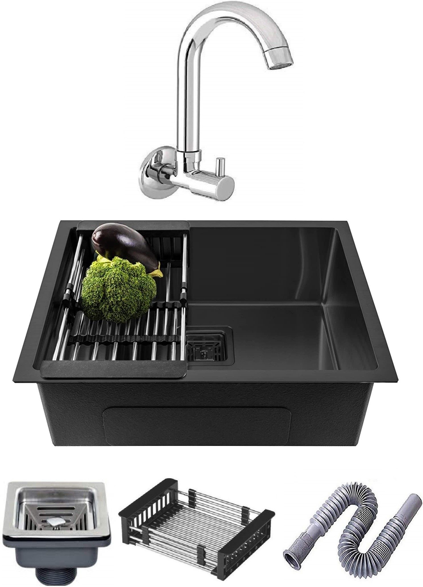 (24"×18"×10") HANDMAD KITCHEN SINK MATT FINISH BLACK WITH STAINLESS STEEL TAP MATT FINISH BLACK MG_22 Vessel Sink-image-2