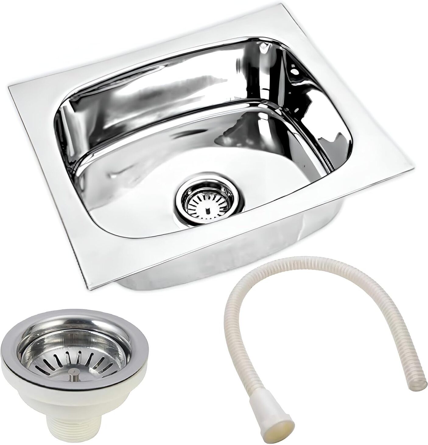 Kitchen Sink 18x16 Inches Glossy Finish Stainless Steel Sink Stainless Steel Single Bowl Kitchen Sink with PVC Coupling Top Mount