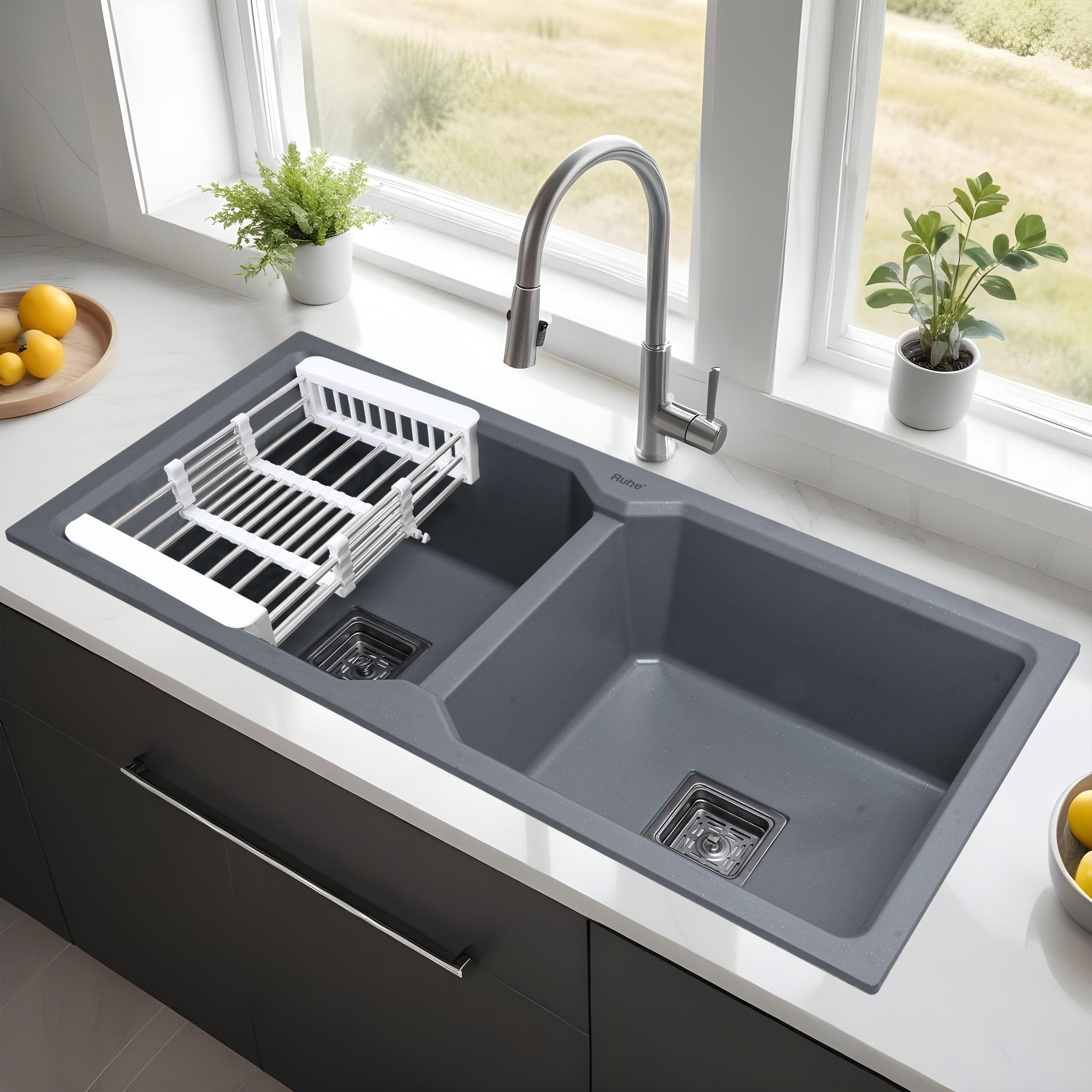 Quartz Double Bowl 37x18x9 inches Kitchen Sink| Smoke Grey Matte Finish Natural Smoke Grey Granite Stone Matt Finish Double Bowl Sink Vessel Sink-image-36