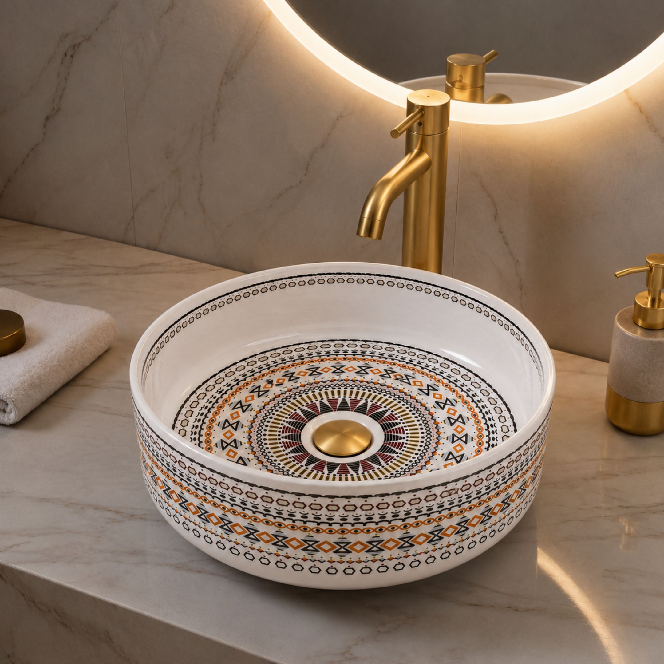 novera global Ceramic Table Top Wash Basin | Round Counter Vessel Sink for Bathroom Vanity | 5-Years Warranty | Mandala Art Countertop Wash Bowl | Glossy Finish Wash Basin Table Top Basin-picture-29