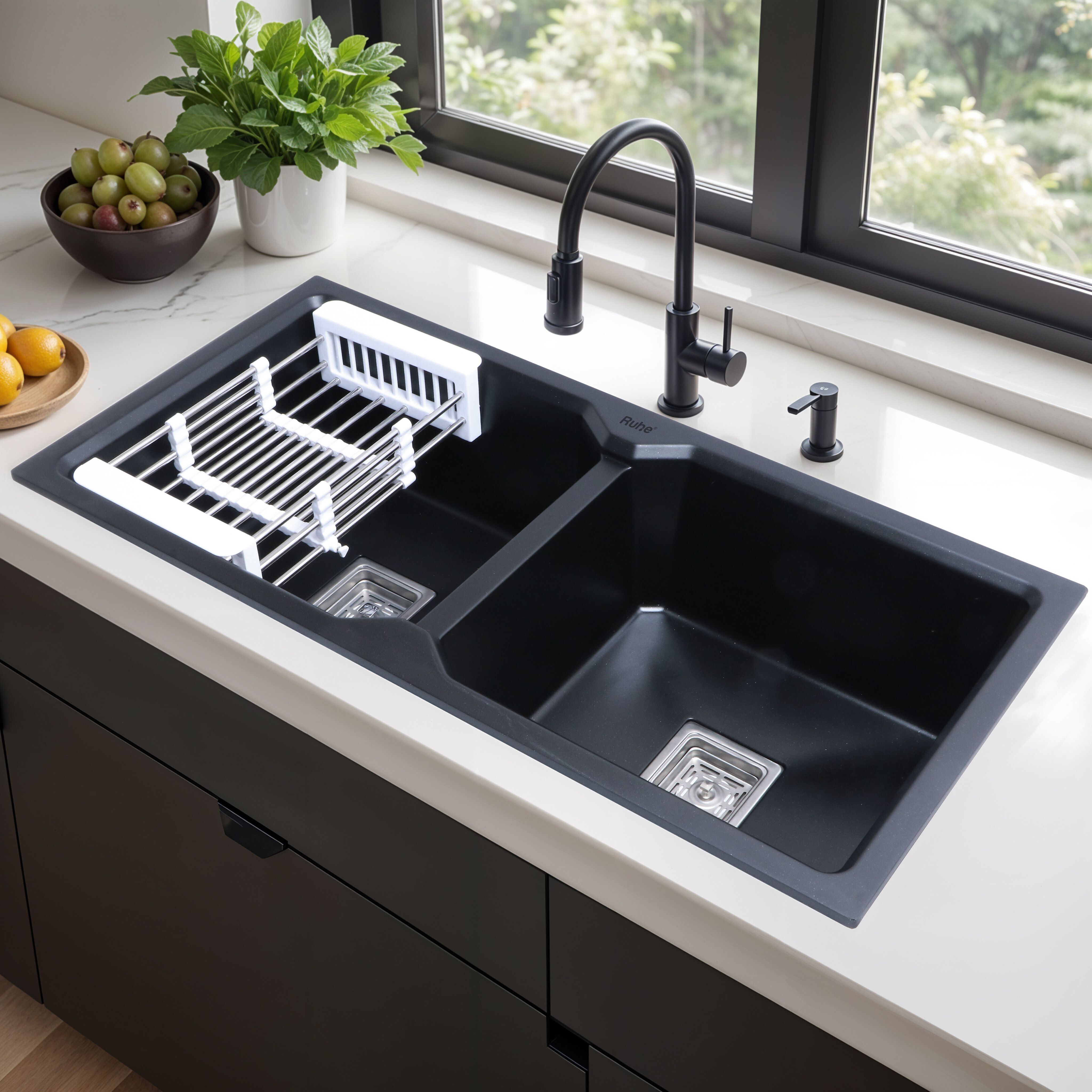 Quart Double Bowl 37x 18x9 Inches Kitchen Sink | Natural Black Granite Stone Matt Finish Vessel Double Bowl Sink Vessel Sink-image-39