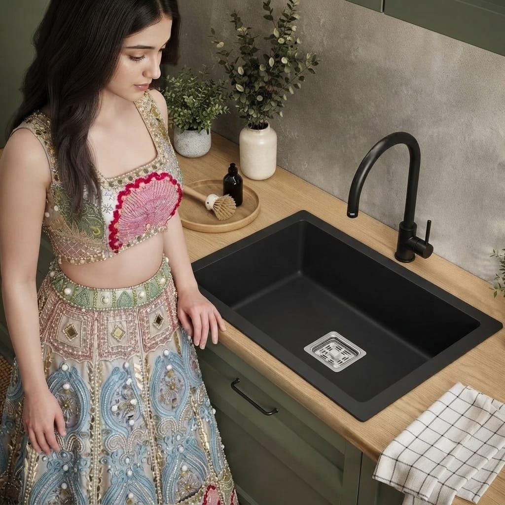 PREMIUM Quartz Kitchen Sink 24*18*9 Inch Metalik Black Single Bowl Granite Sink Waste Coupling & Pipe Easy to Clean, Non Fading Color and Counter Top-image-4