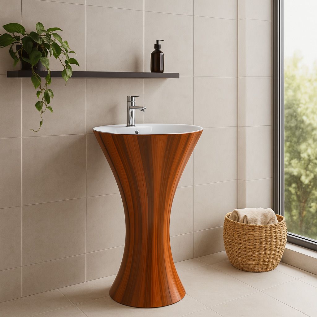 premium-grade ceramic-scratch-resistant- Wooden Finish Pedestal Wash Basin- Pedestal Basin-image-0