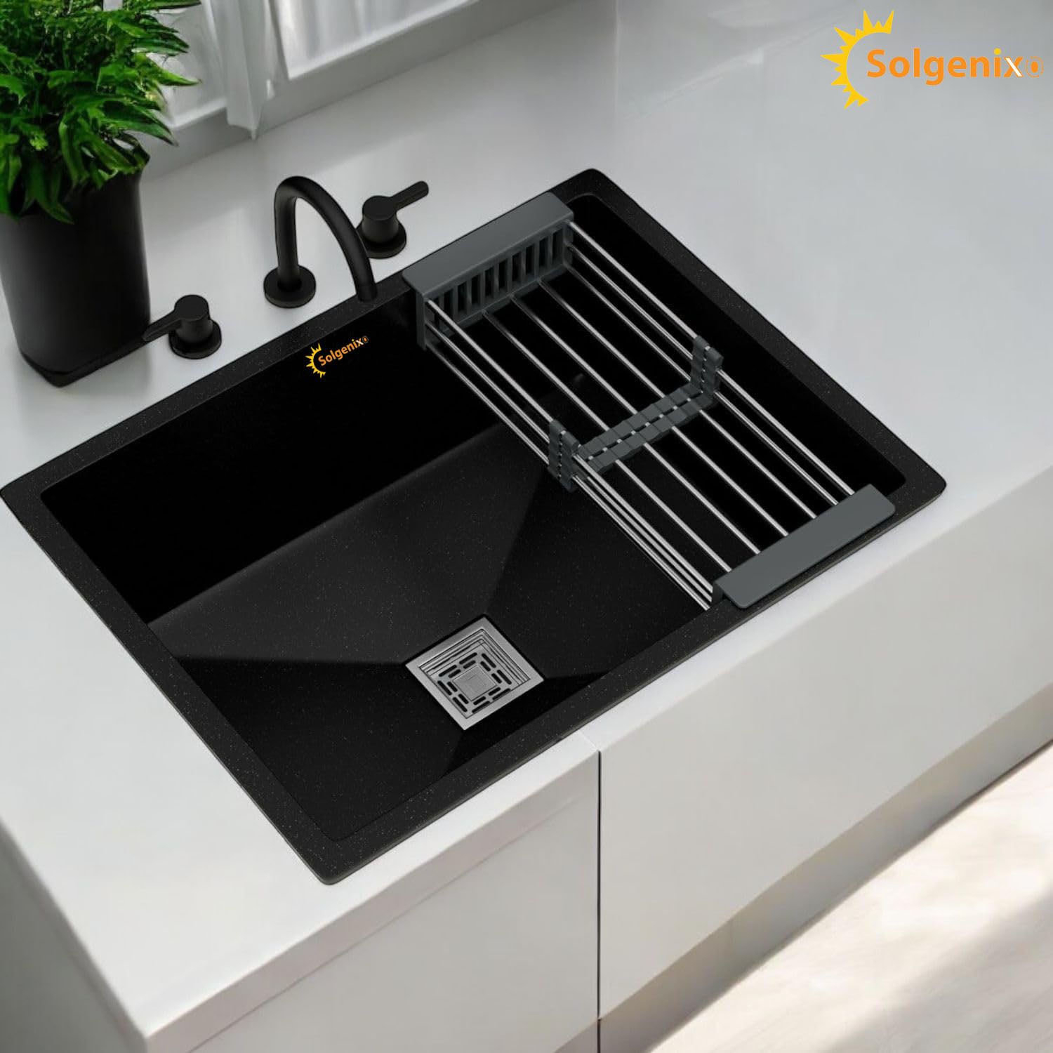 solgenix0 Heavy Duty Marble Black Granite Kitchen Sink 24*18*9 inch With Deep Drain Grooves Technology Rectangular Design Single Bowl Vessel Sink-picture-19