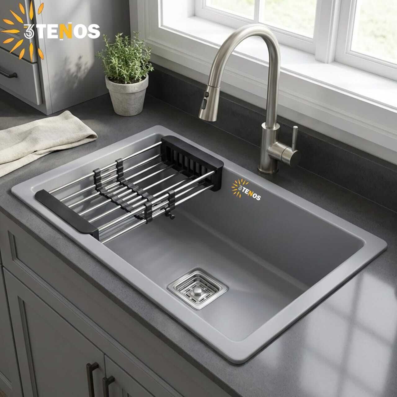 3tenos Heavy Duty Natural Quartz Kitchen Sink 24*18*9 inch Premium Matte Grey Granite Kitchen Sink Single Bowl 9 Inch Vessel Sink-picture-12