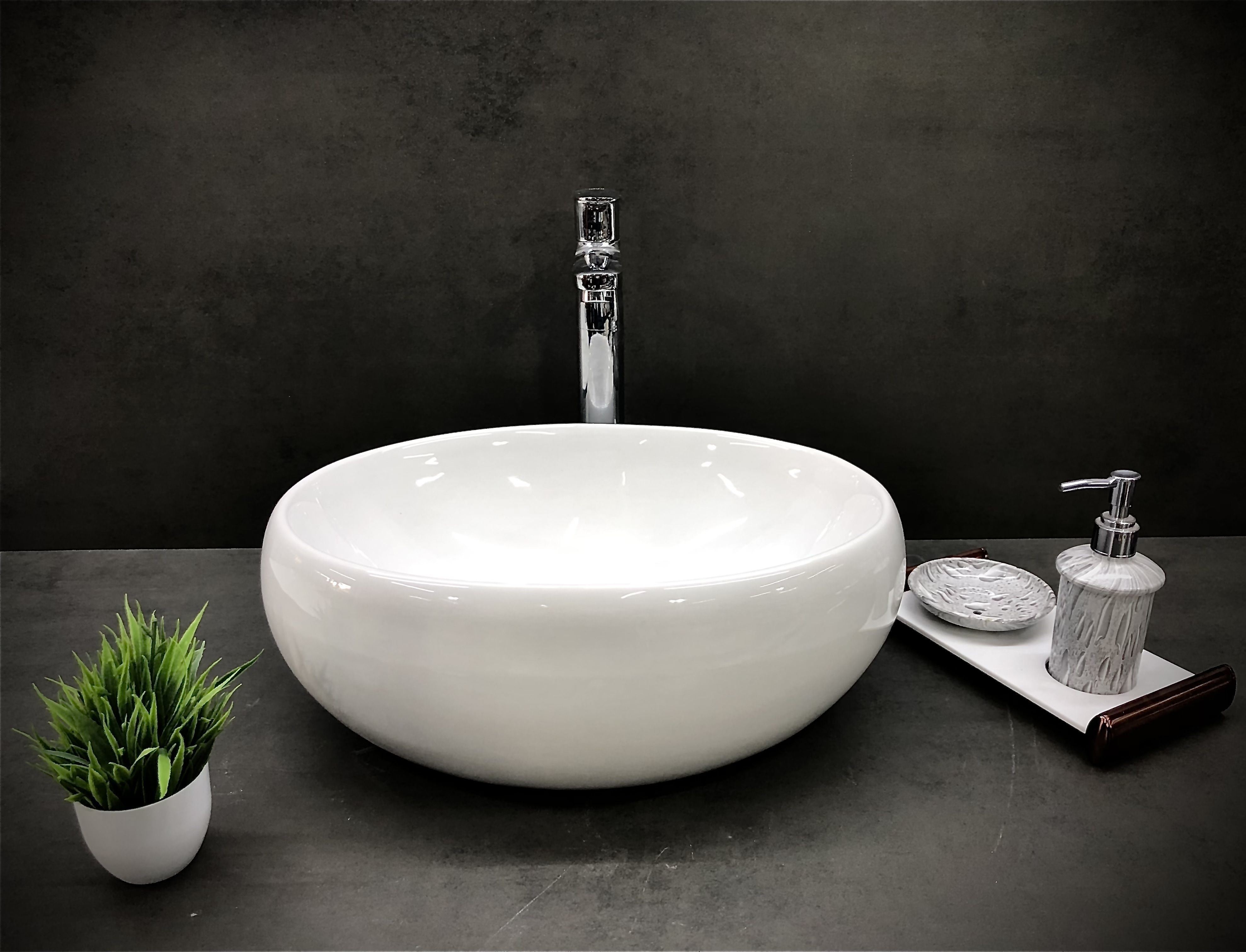 Premium White Ceramic Wash Basin(White) with Waste Pipe & Coupling set (16x12x6)(White-Round) Table Top Basin