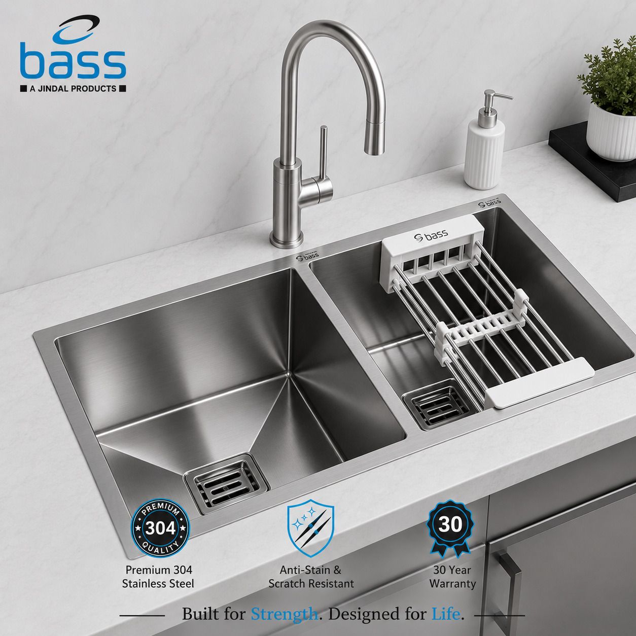 bass 45"x20"x10" Inch Double Bowl Handmade Kitchen Sink| Matte Finish | Stainless Steel 45x20x10 sink I Handmade Kitchen Sink with Basket Rack Vessel Sink-picture-30