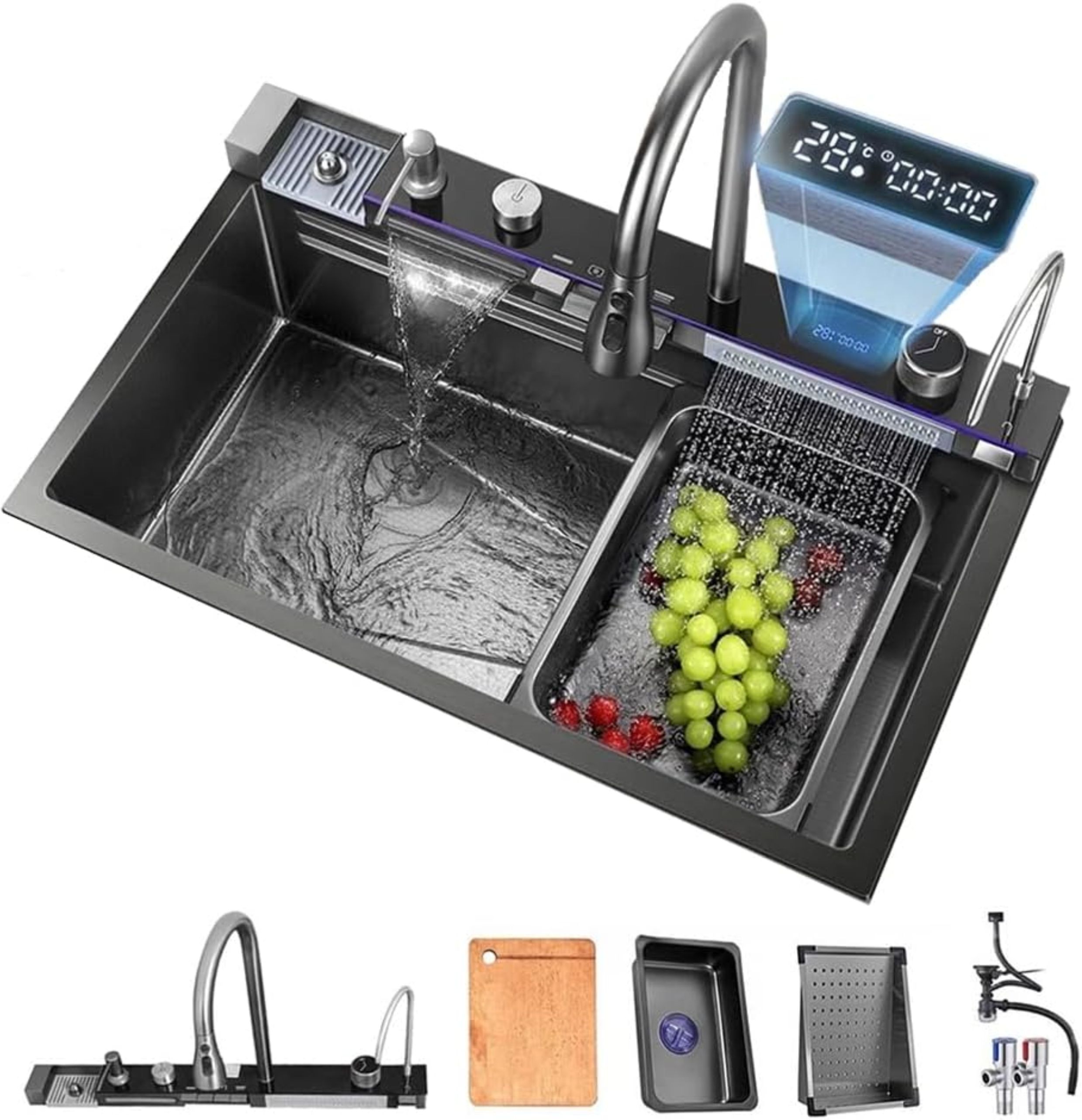 Digital Piano Sink : 30x18x9 inches - Multifunctional Waterfall Sink with LED Light Digital Display 5-Button Control Panel & Nano Coating Single Bowl Sink Vessel Sink-image-47