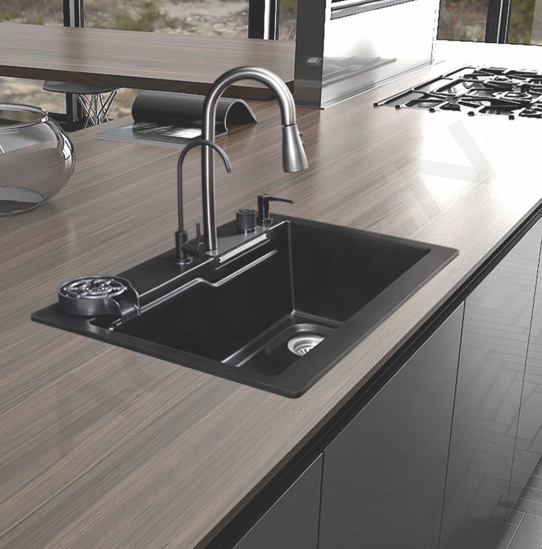 4view Multi-Functional Quartz Kitchen Sink 25x19x9 Inch | Granite Metallic Finish 12MM Thick | With Board, Colander, Glass Washer, Faucet, RO Tap & Dispenser Under Counter Basin-picture-40